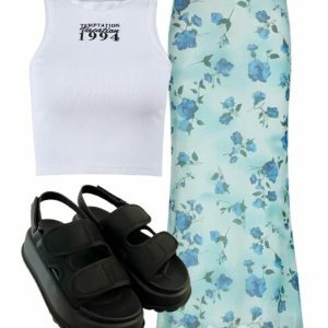 1994 Vintage Ribbed Tank Top + Blue Blossom Mesh Maxi Skirt + Y2K Sandals