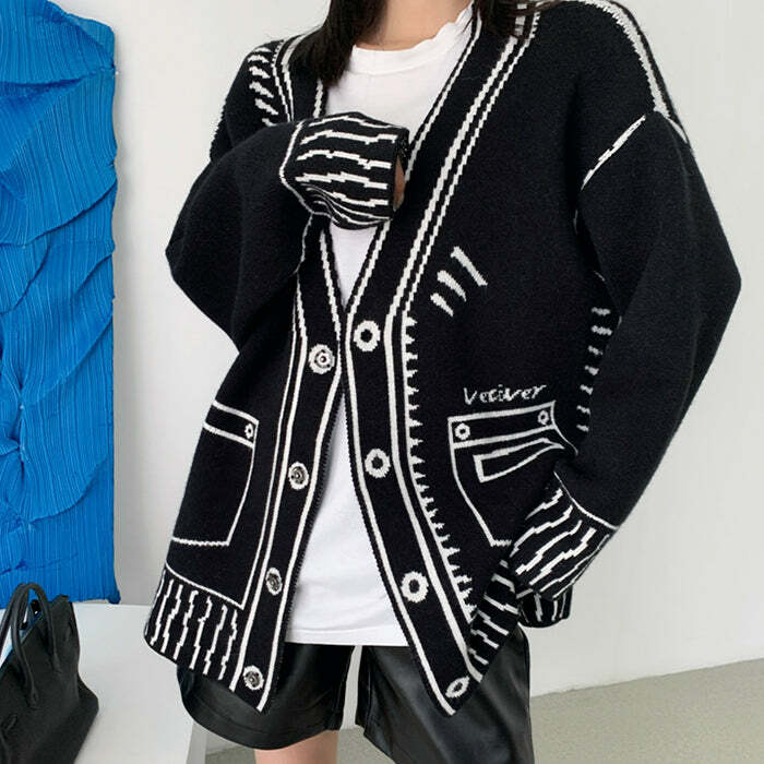 2D Cartoon Outline Knitted Cardigan - Cute 2000s Fashion Inspiration Outfit