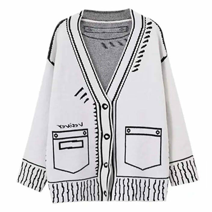 2D Cartoon Outline Knitted Cardigan - Cute 2000s Fashion Inspiration Outfit