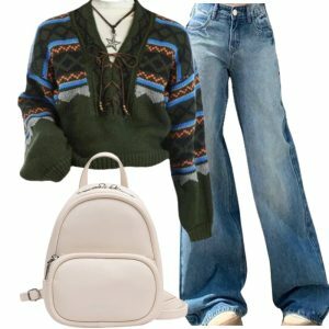 90s Inspired Outfit: Fair Isle Lace-Up Sweater & Light Wash Wide-Leg Jeans