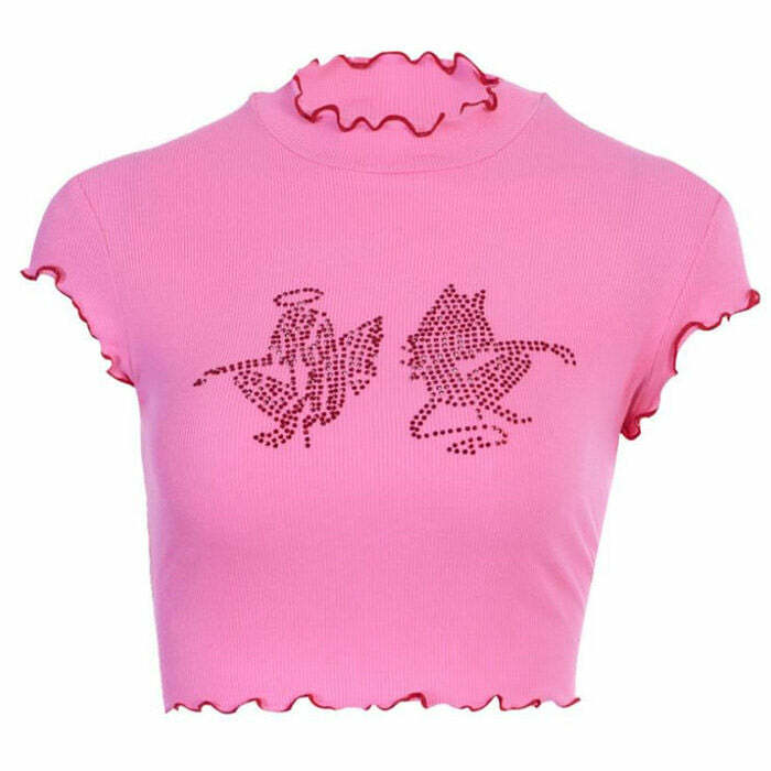 Angel & Devil Rhinestone Crop Top - Cute 2000s Outfits & Y2K Fashion