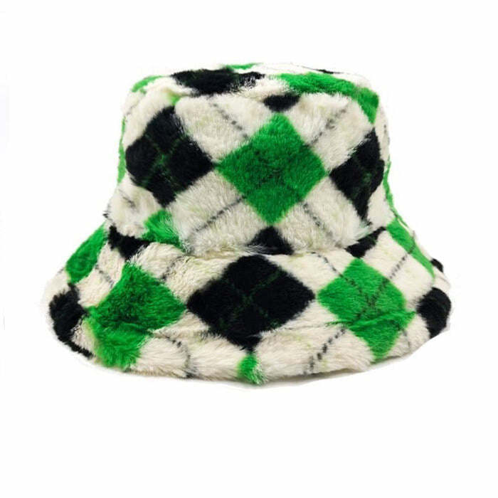 Argyle Check Fluffy Bucket Hat - Cute 2000s Fashion Inspiration & Y2K Style