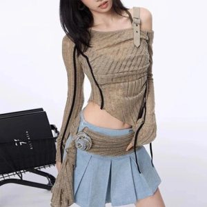 Asymmetrical Strap Detail Knit Top - Cute 2000s Outfits & Y2K Fashion