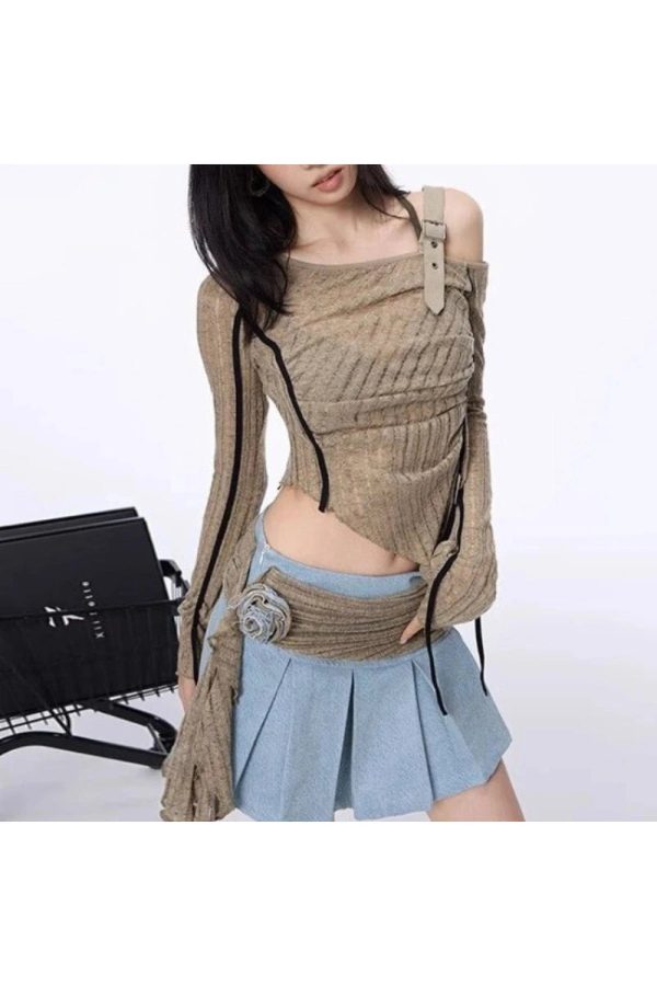 Asymmetrical Strap Detail Knit Top - Cute 2000s Outfits & Y2K Fashion