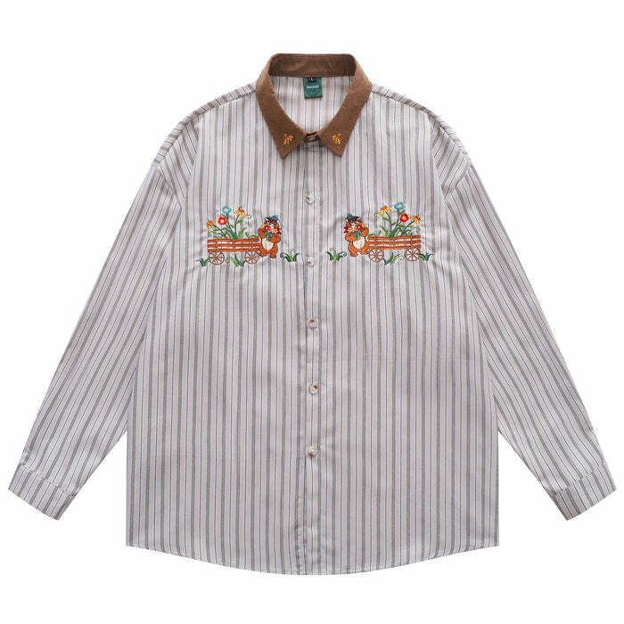 Bear Embroidery Striped Shirt - Cute 2000s Outfits & Y2K Fashion Inspiration