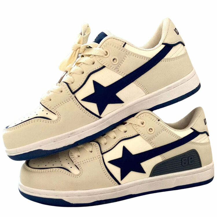 Beige & Navy Shooting Star Sneakers: Perfect for Spring Outfits & Concerts