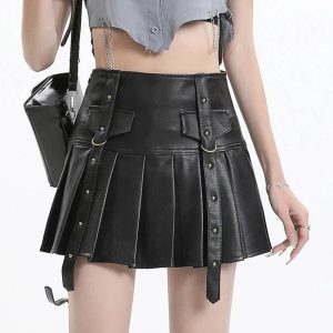 Black Buckled Pleated Mini Skirt - Cute 2000s Outfits & Y2K Fashion