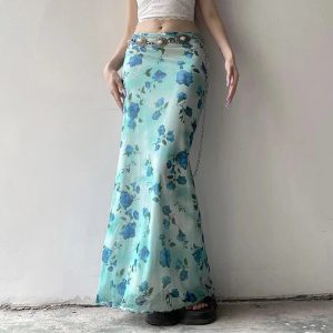 Blue Blossom Mesh Maxi Skirt: Perfect for Spring Outfits & Concert Looks