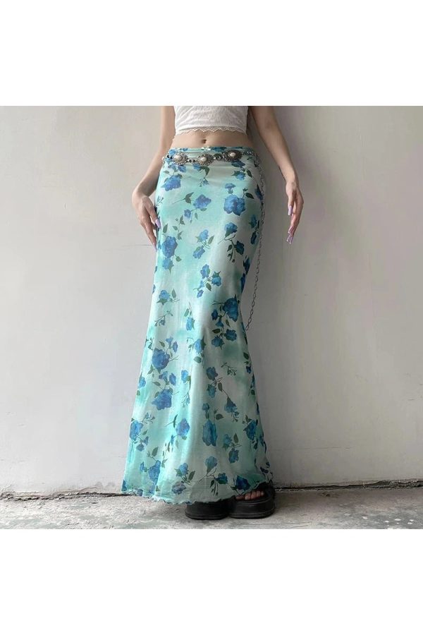 Blue Blossom Mesh Maxi Skirt: Perfect for Spring Outfits & Concert Looks