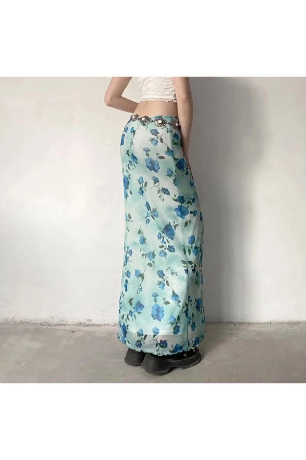 Blue Blossom Mesh Maxi Skirt: Perfect for Spring Outfits & Concert Looks