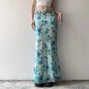 Blue Blossom Mesh Maxi Skirt: Perfect for Spring Outfits & Concert Looks