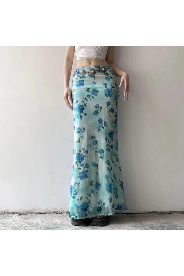 Blue Blossom Mesh Maxi Skirt: Perfect for Spring Outfits & Concert Looks