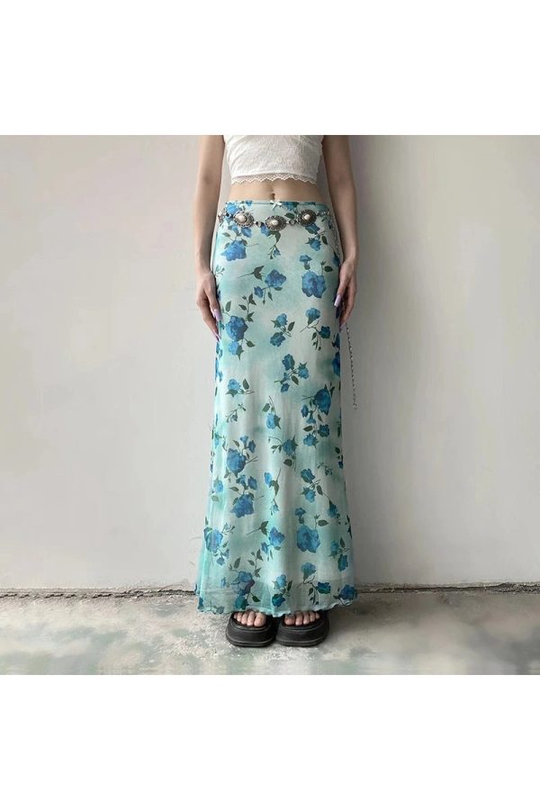 Blue Blossom Mesh Maxi Skirt: Perfect for Spring Outfits & Concert Looks