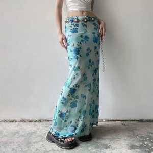 Blue Blossom Mesh Maxi Skirt: Perfect for Spring Outfits & Concert Looks