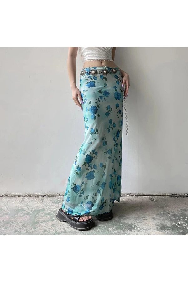 Blue Blossom Mesh Maxi Skirt: Perfect for Spring Outfits & Concert Looks