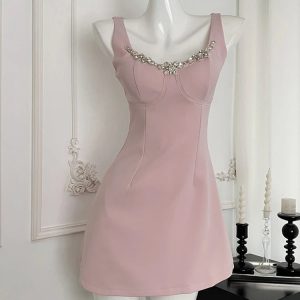 Blush Crystal-Trim A-Line Dress: Perfect for Prom, Date Night & Spring Outfits