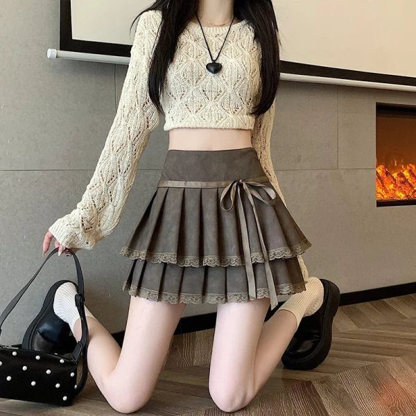 Bow-Tied Lace Pleated Mini Skirt - Cute 2000s Outfits & Y2K Fashion