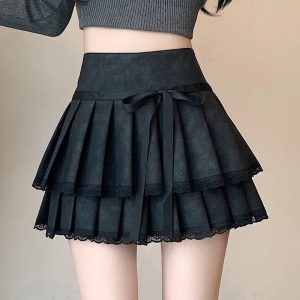 Bow-Tied Lace Pleated Mini Skirt - Cute 2000s Outfits & Y2K Fashion