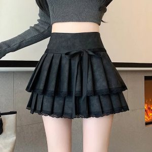 Bow-Tied Lace Pleated Mini Skirt - Cute 2000s Outfits & Y2K Fashion