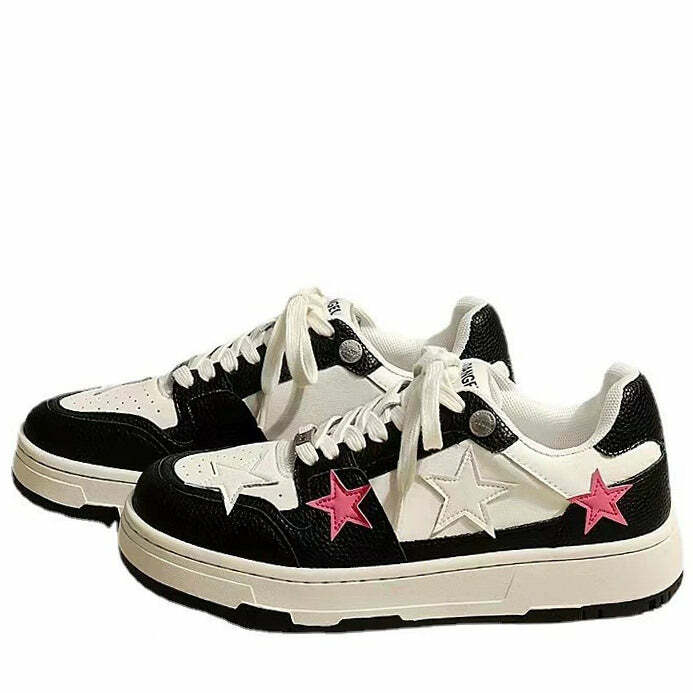 Bubblegum Pink Star Sneakers in Black - Y2K Fashion, Cute 2000s Outfits