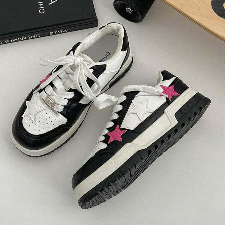 Bubblegum Pink Star Sneakers in Black - Y2K Fashion, Cute 2000s Outfits