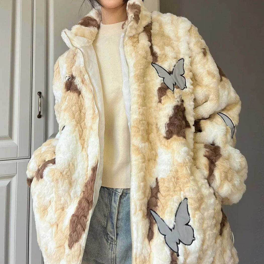 Butterfly Aesthetic Oversized Fur Jacket for Stylish Spring Outfits