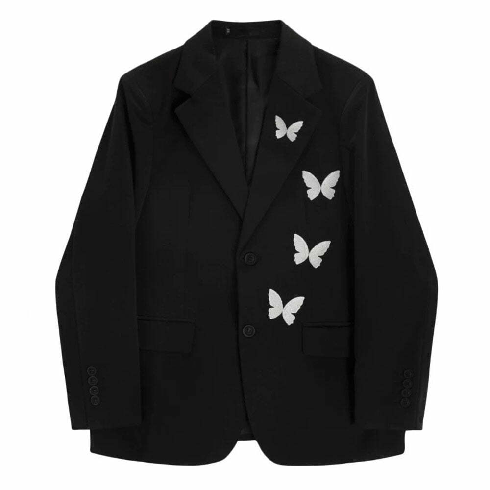 Butterfly Embroidery Black Blazer - Y2K Fashion, Cute 2000s Outfit