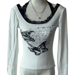 Butterfly Script Lace-Trim Top: Perfect for Spring Outfits & Date Nights