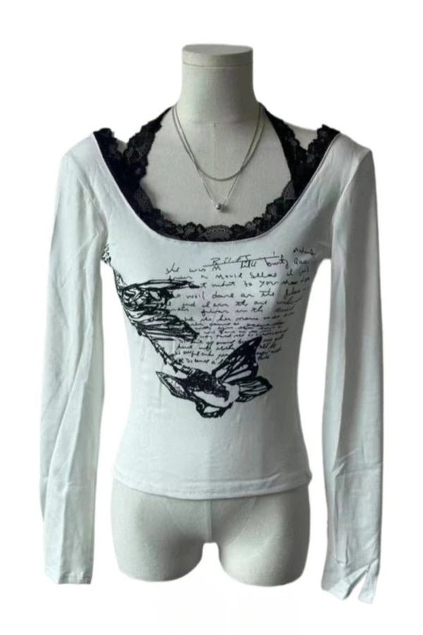 Butterfly Script Lace-Trim Top: Perfect for Spring Outfits & Date Nights