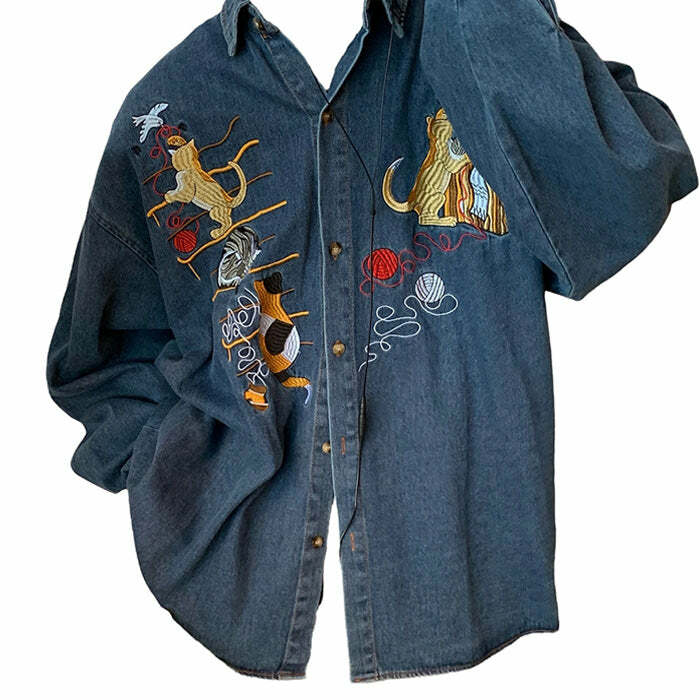 Cat Embroidery Vintage Denim Shirt: Cute Outfit Ideas for Every Occasion