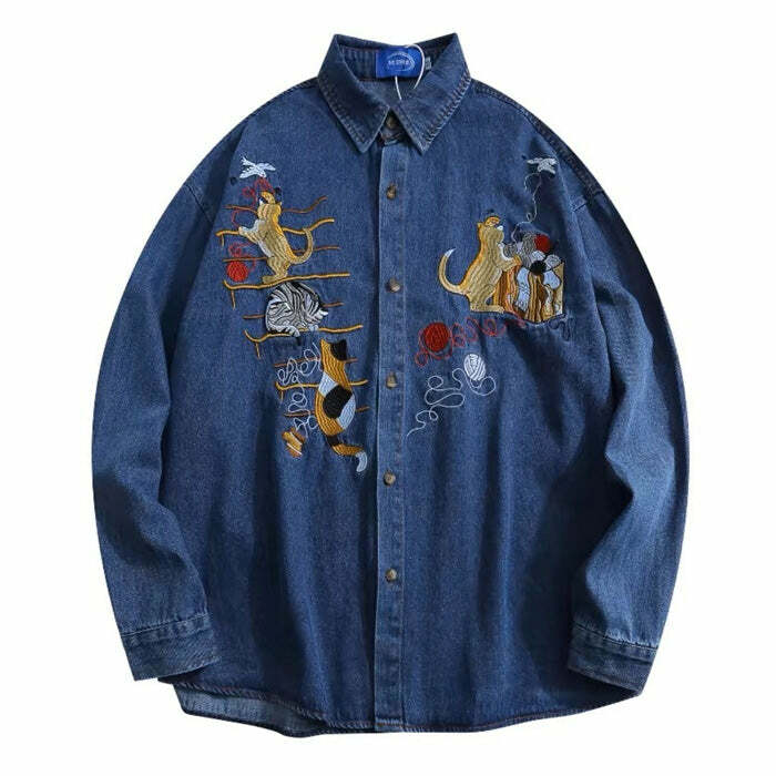 Cat Embroidery Vintage Denim Shirt: Cute Outfit Ideas for Every Occasion