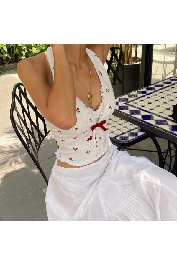 Cherry Blossom Lace-Up Halter Top: Perfect for Spring Outfits & Concerts