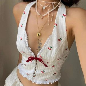 Cherry Blossom Lace-Up Halter Top: Perfect for Spring Outfits & Concerts