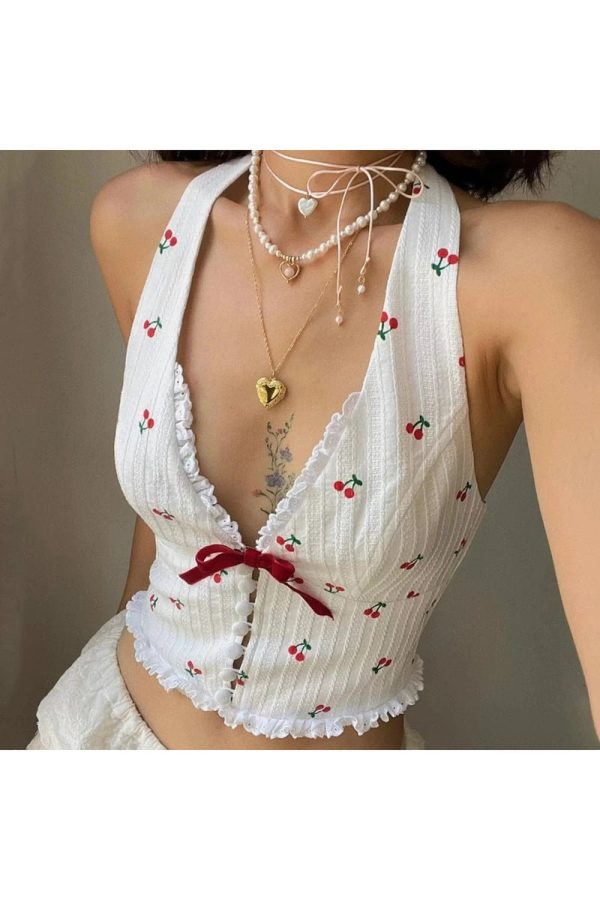 Cherry Blossom Lace-Up Halter Top: Perfect for Spring Outfits & Concerts