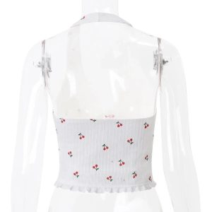 Cherry Blossom Lace-Up Halter Top: Perfect for Spring Outfits & Concerts