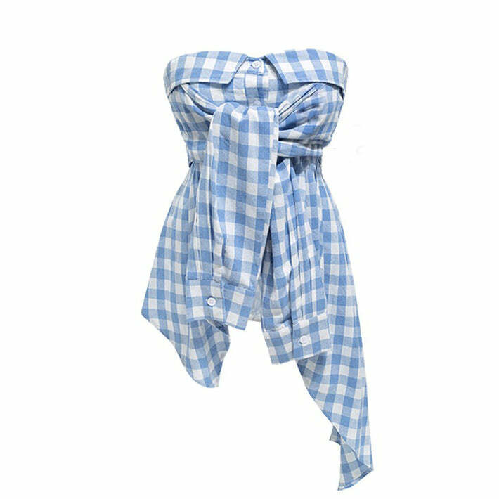 Chic Baby Blue Plaid Off Shoulder Shirt - Perfect for Spring Outfits