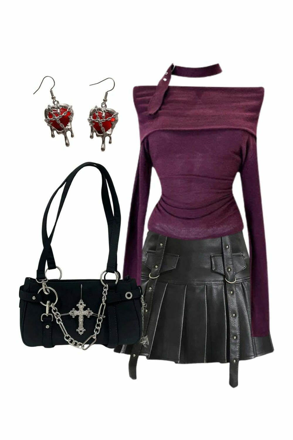 Chic Black Buckled Mini Skirt & Asymmetric Choker Top Outfit Ideas