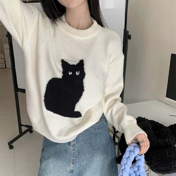 Chic Black Cat Aesthetic Sweater: Perfect for Casual Outfits & Concerts