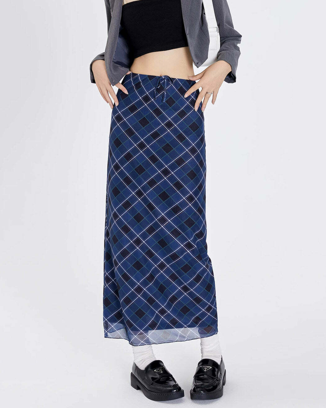 Chic Blue Plaid Maxi Skirt: Perfect for Spring Outfits & Concert Looks