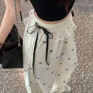 Chic Bow Lace Trim Wide-Leg Pants: Perfect for Spring Outfits