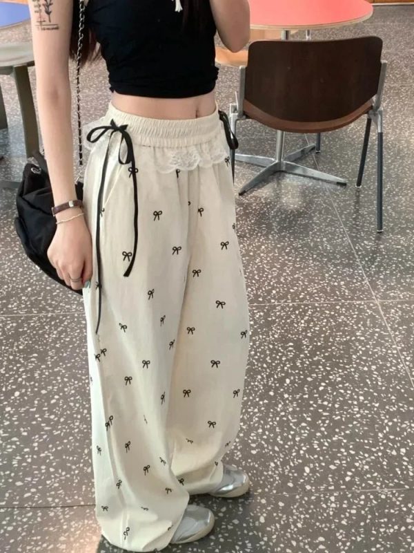 Chic Bow Lace Trim Wide-Leg Pants: Perfect for Spring Outfits