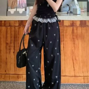 Chic Bow Lace Trim Wide-Leg Pants: Perfect for Spring Outfits