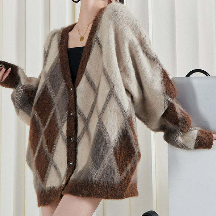 Chic Brown Argyle Fuzzy Cardigan: Perfect for Spring Outfits & Casual Looks