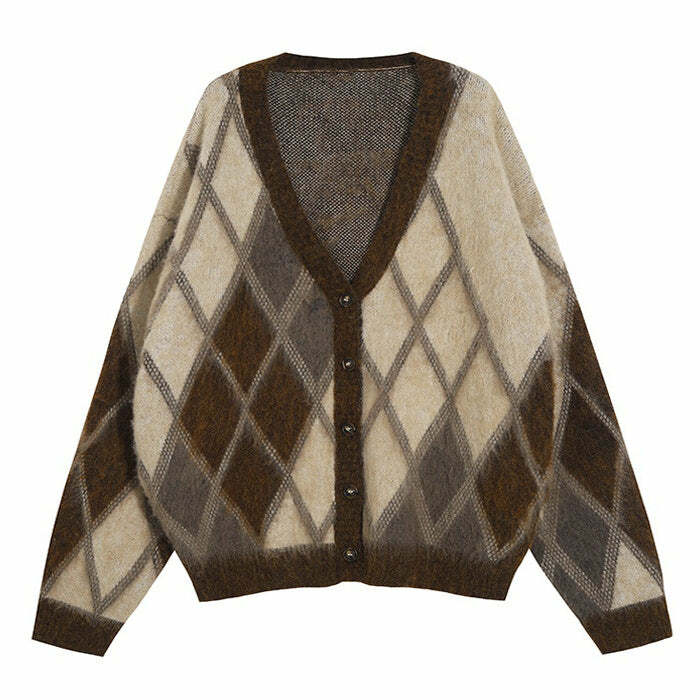 Chic Brown Argyle Fuzzy Cardigan: Perfect for Spring Outfits & Casual Looks