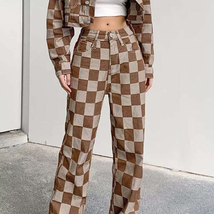 Chic Brown Checkered Jeans: Perfect for Casual Outfits & Concert Looks