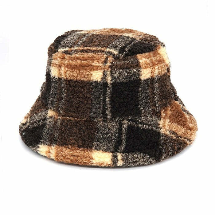 Chic Brown Plaid Fuzzy Bucket Hat for Stylish Spring Outfits & Concerts