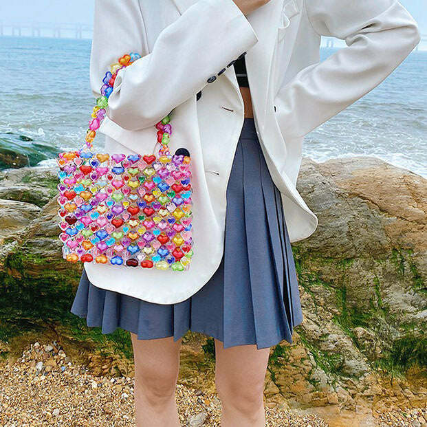 Chic Candy Hearts Beaded Handbag for Stylish Outfits & Concert Looks