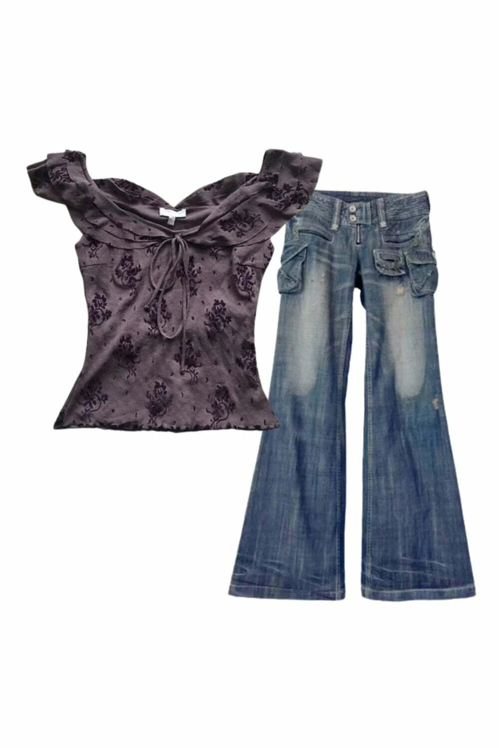 Chic Cargo Wide-Leg Jeans & Fairycore Floral Lace-Up Off-Shoulder Top