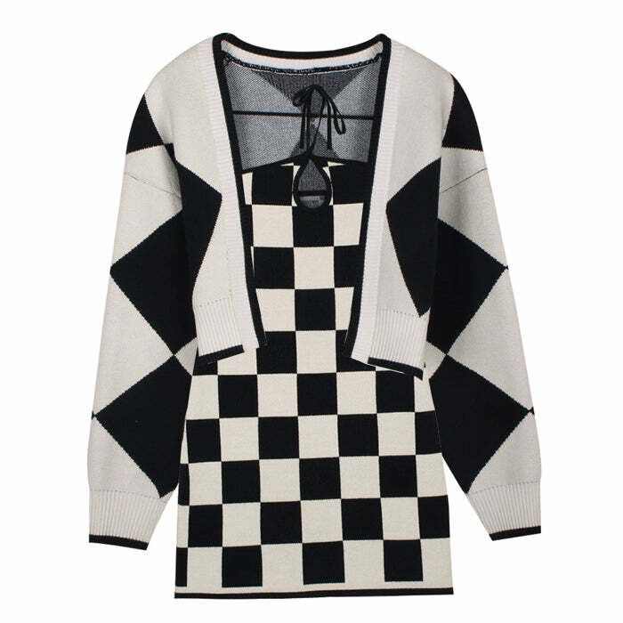 Chic Checkered Knit Dress & Cardigan Set for Stylish Outfit Ideas