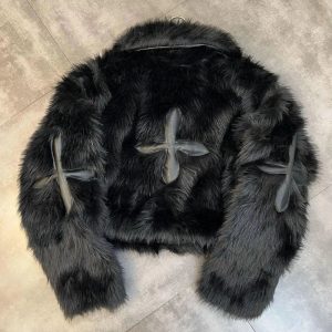 Chic Dark Cross Faux Fur Jacket: Perfect for Concerts & Casual Outfits